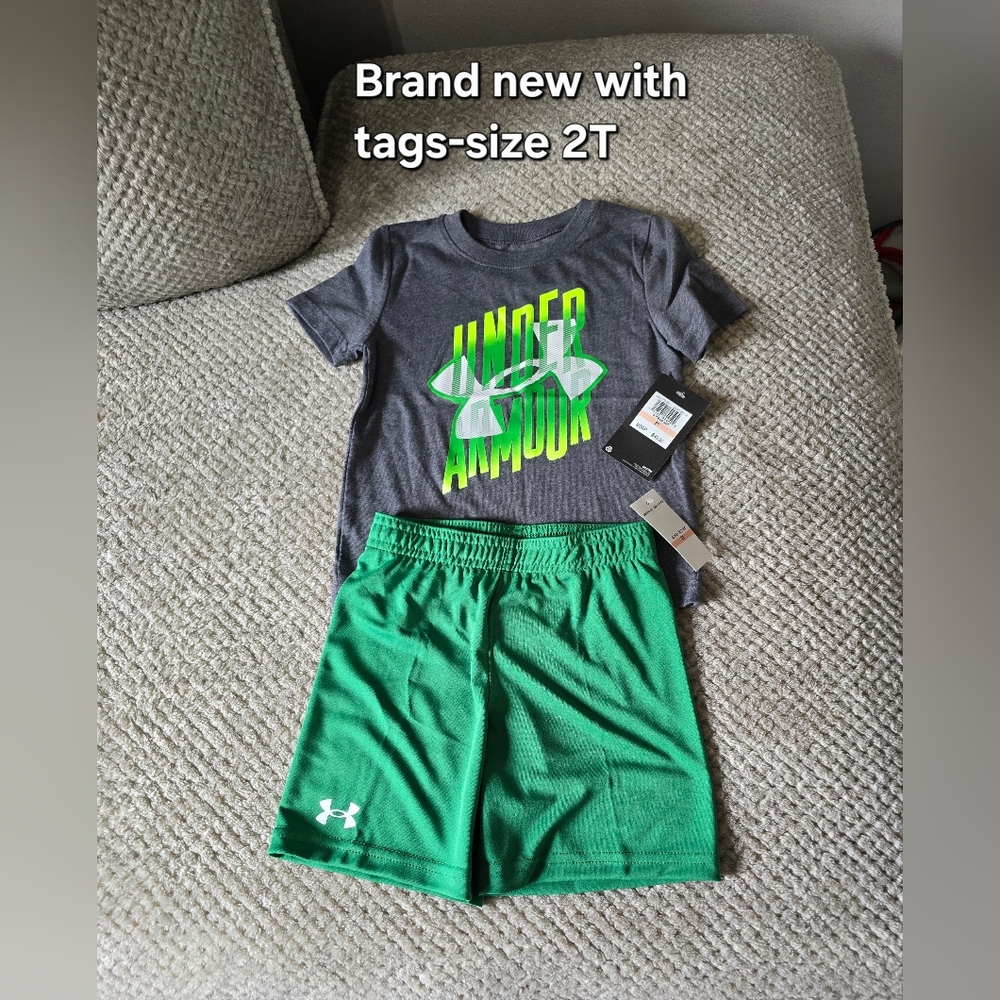 Under Armour Gray Tee with Neon Green Logo and Green Athletic Shorts